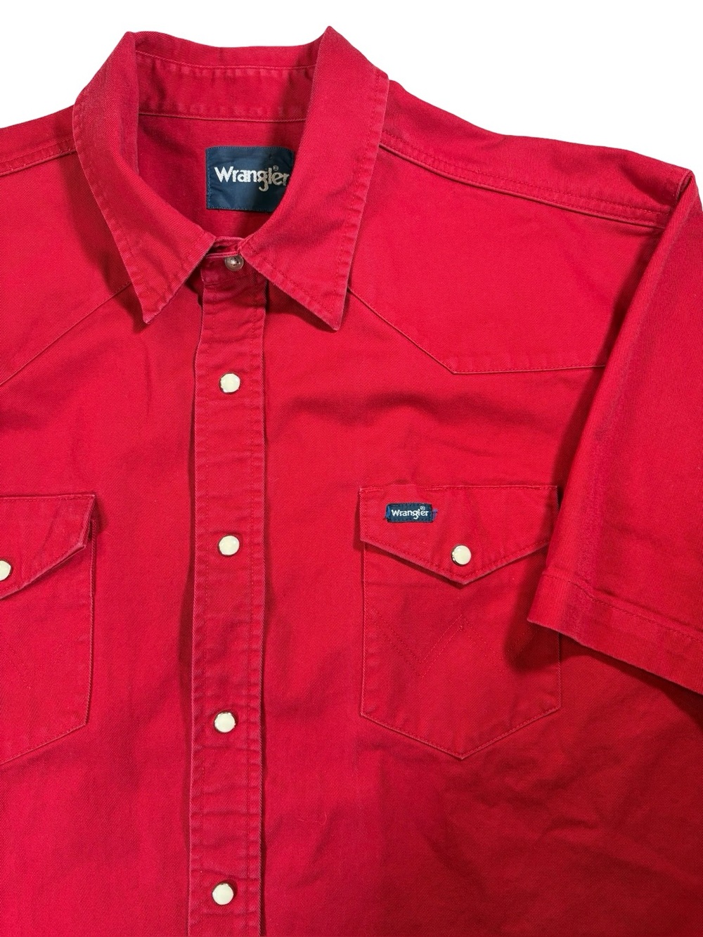 VTG Wrangler Red Pearl Snap Western S/S Shirt Cowboy Ranchwear *see measurements